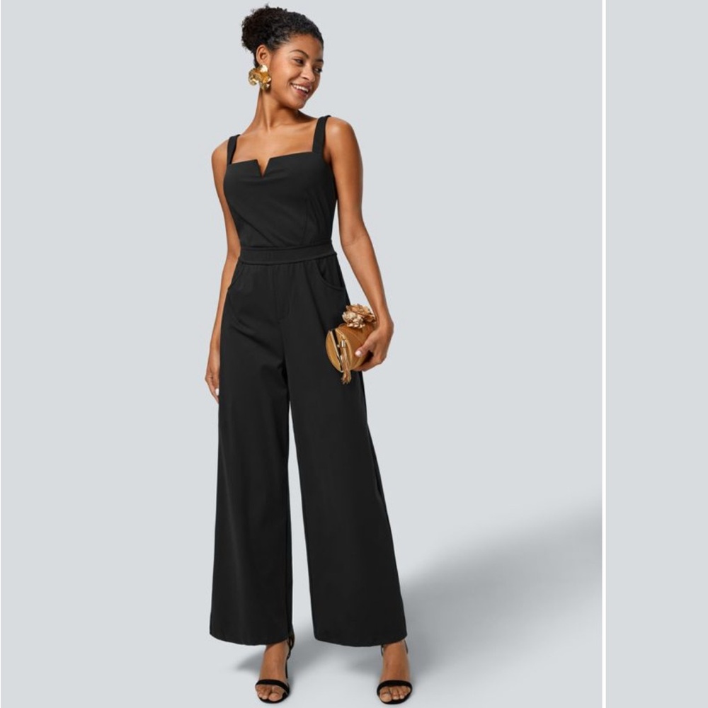 HALARA Black Wide-Leg Jumpsuit with Spaghetti Straps